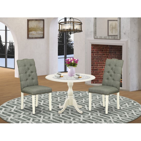 3Pc Dining Set, 1 Drop Leaves Dining Table, 2 Smoke Parson Chairs Back, Nail Heads, Linen White Finish