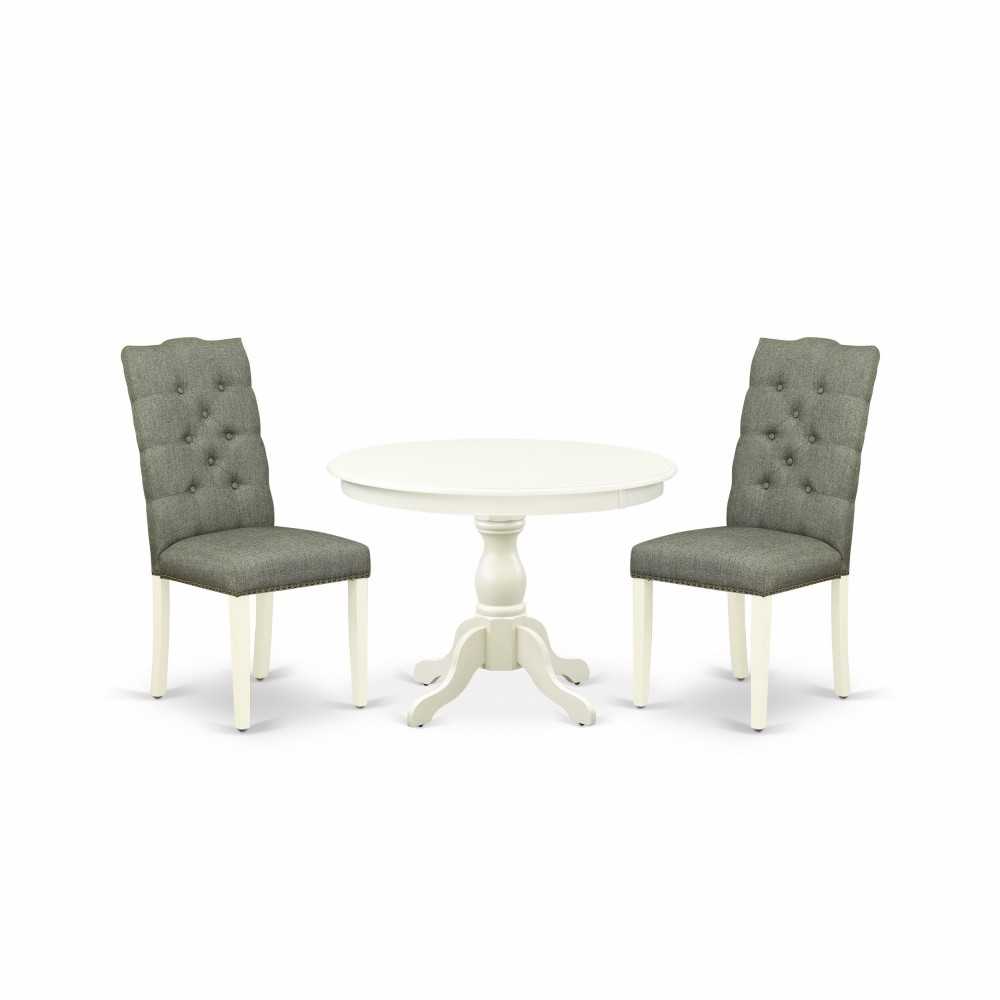 3 Pc Dining Set, Linen White Wood Table, 2 Chairs Button Tufted, Linen White