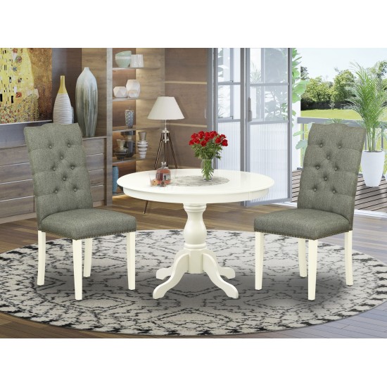 3 Pc Dining Set, Linen White Wood Table, 2 Chairs Button Tufted, Linen White