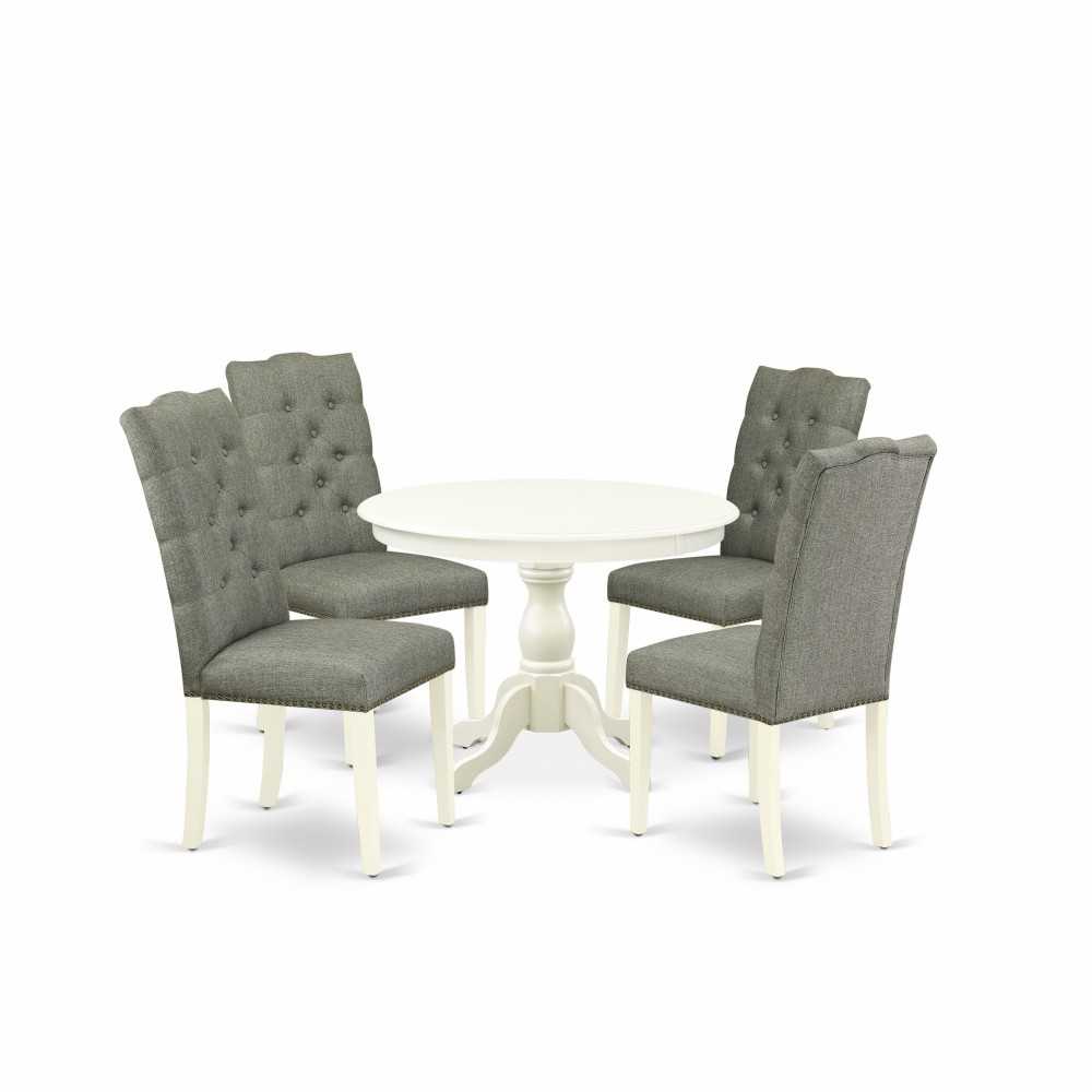 5 Pc Dinette Set, Linen White Table, 4 Chairs Button Tufted Back, Linen White