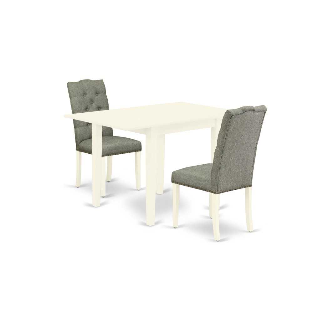 3-Pc Dinette Set, Drop Leaves Dining Table, 2 Dining Chairs, Smoke Kitchen Chairs Seat, Rubber Wood Legs, Linen White