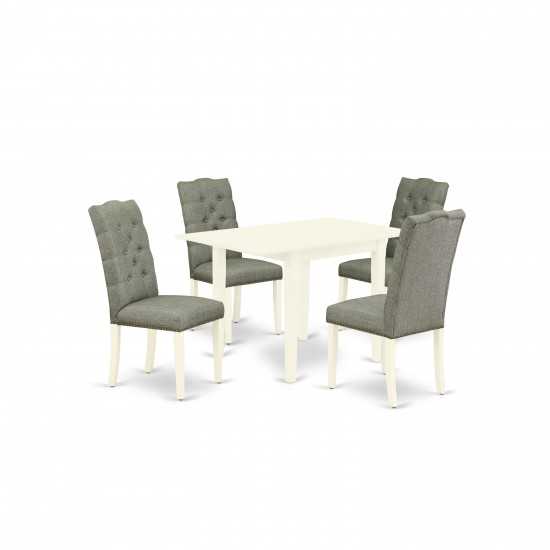 5Pc Dinette Set- 4 Parson Dining Chairs, Drops Leaf Table Solid Wood Structure -High Back & Linen White Finish