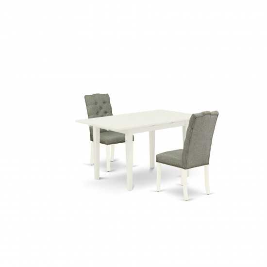 3Pc Rectangle Dinette Set, Nail Head Chairs, Butterfly Leaf Table, Linen White