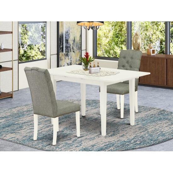 3Pc Rectangle Dinette Set, Nail Head Chairs, Butterfly Leaf Table, Linen White