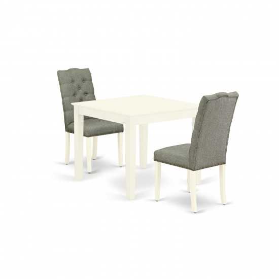 3Pc Dining Kitchen Set, Kitchen Table, 2 Chairs, Smoke Parson Chair Seat, Rubber Wood Legs, Linen White