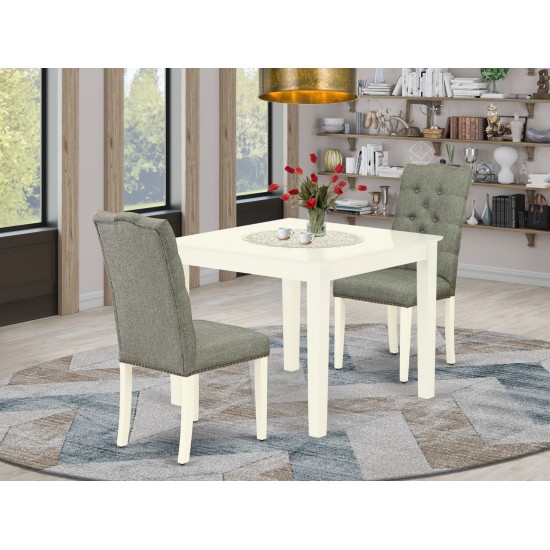 3Pc Dining Kitchen Set, Kitchen Table, 2 Chairs, Smoke Parson Chair Seat, Rubber Wood Legs, Linen White
