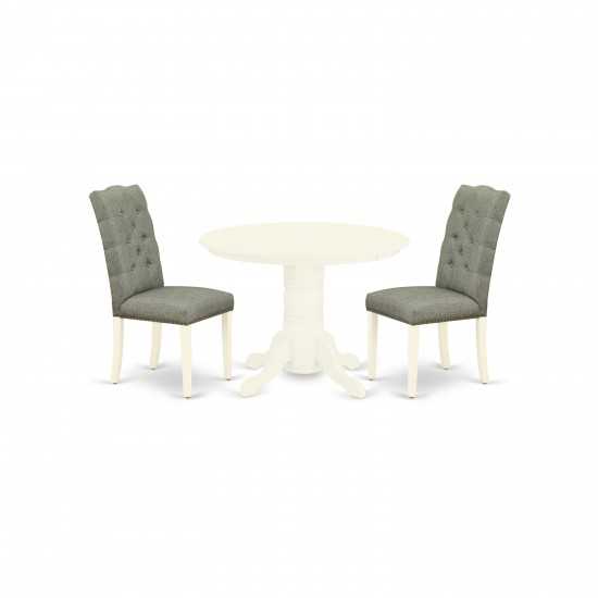 3-Pc Kitchen Dinette Set, Round Kitchen Table, 2 Parson Chairs, Smoke Parson Dining Chairs Seat, Rubber Wood Legs, Linen Whit