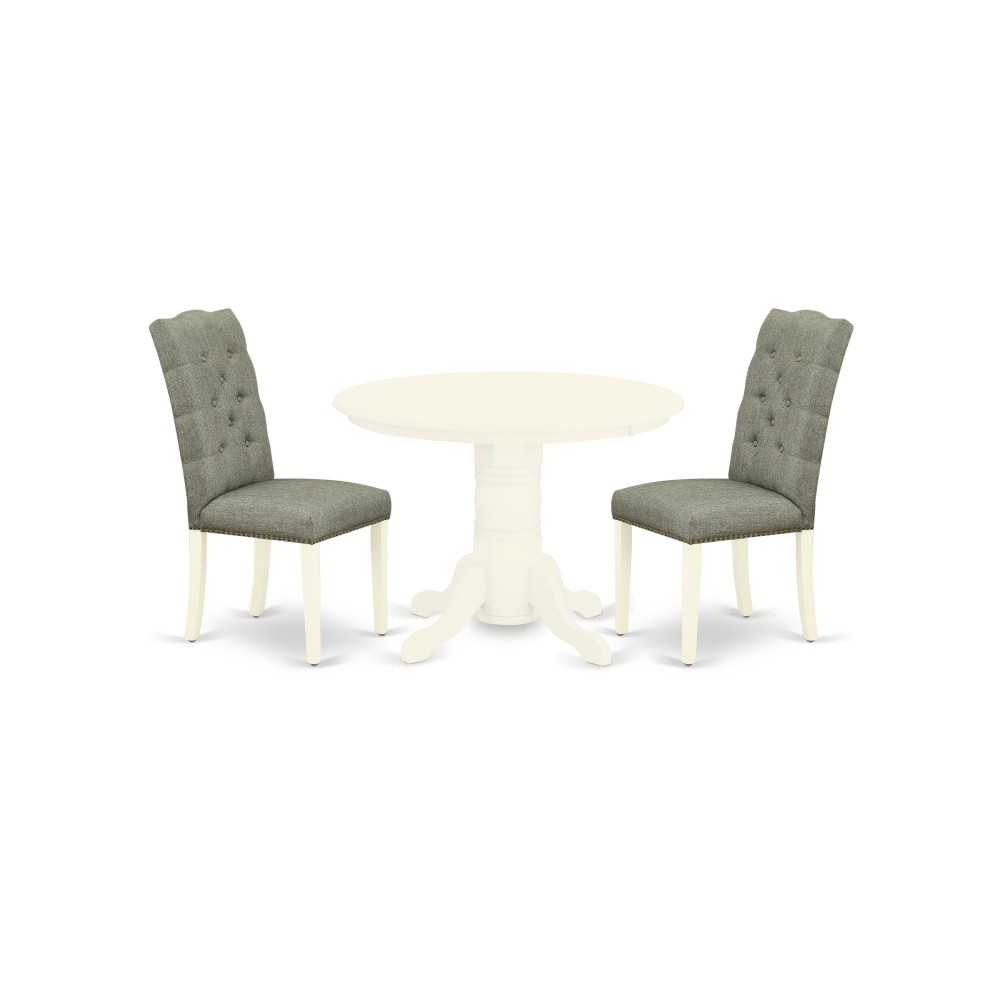 3-Pc Kitchen Dinette Set, Round Kitchen Table, 2 Parson Chairs, Smoke Parson Dining Chairs Seat, Rubber Wood Legs, Linen Whit 3-Pc Kitchen Dinette Set, Round Kitchen Table, 2 Parson Chairs, Smoke Parson Dining Chairs Seat, Rubber Wood Legs, Linen Whit