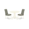 3-Pc Kitchen Dinette Set, Round Kitchen Table, 2 Parson Chairs, Smoke Parson Dining Chairs Seat, Rubber Wood Legs, Linen White
