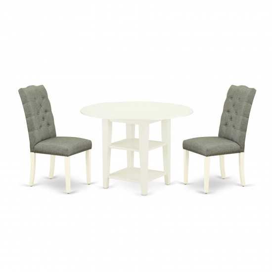 3Pc Dining Set, Round Table, Two Shelves, 2 Parson Chairs, Smoke Chairs Seat, Linen Whites