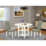 3Pc Dining Set, Round Table, Two Shelves, 2 Parson Chairs, Smoke Chairs Seat, Linen Whites