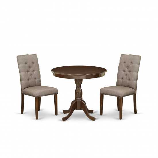 3Pc Dining Set, 1 Dinner Table, 2 Dark Khaki Upholstered Chairs, Mahogany