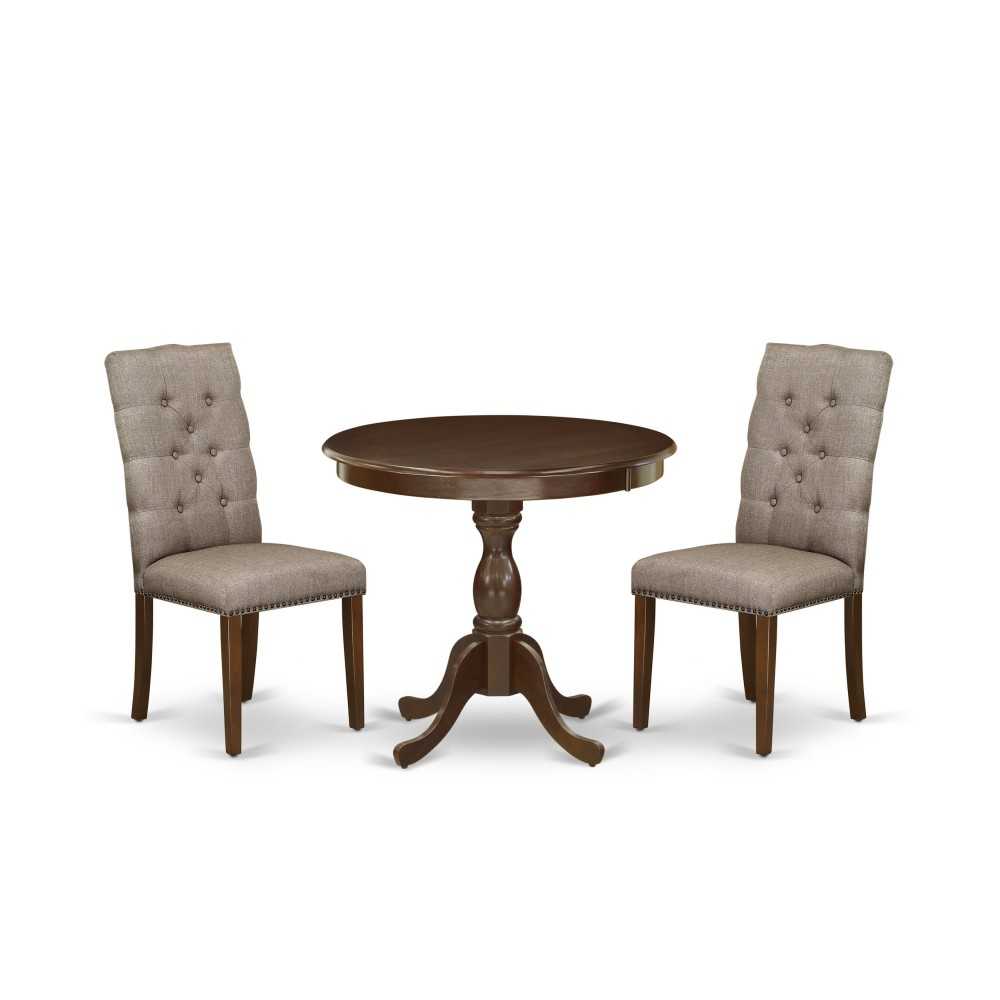 3Pc Dining Set, 1 Dinner Table, 2 Dark Khaki Upholstered Chairs, Mahogany