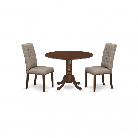 3Pc Dining Set, Round Table, 2 Parson Chairs, Dark Khaki Chairs Seat, Rubber Wood Legs, Mahogany