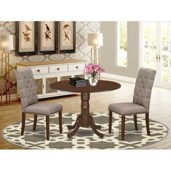 3Pc Dining Set, Round Table, 2 Parson Chairs, Dark Khaki Chairs Seat, Rubber Wood Legs, Mahogany