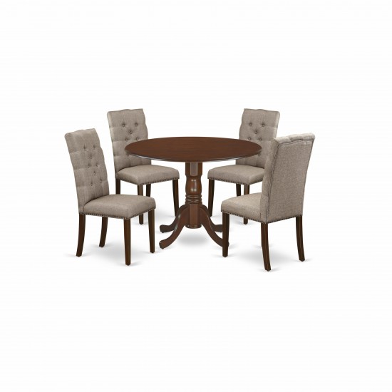 5Pc Kitchen Dining Set, Round Kitchen Table, 4 Parson Chairs, Dark Khaki Parson Chairs Seat, Rubber Wood Legs, Mahogany