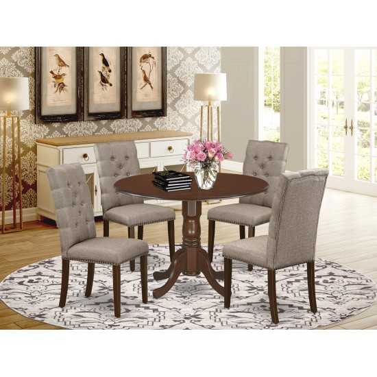 5Pc Kitchen Dining Set, Round Kitchen Table, 4 Parson Chairs, Dark Khaki Parson Chairs Seat, Rubber Wood Legs, Mahogany