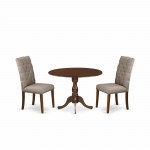 3Pc Dining Set, 1 Drop Leaves Table, 2 Dark Khaki Parson Chairs Back, Nail Heads, Mahogany Finish