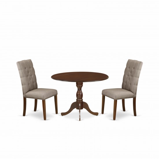 3Pc Dining Set, 1 Drop Leaves Table, 2 Dark Khaki Parson Chairs Back, Nail Heads, Mahogany Finish