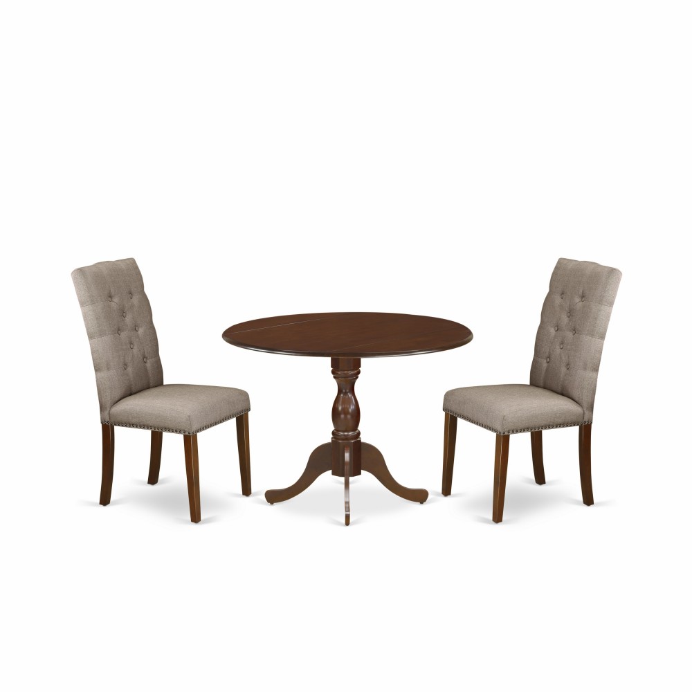 3Pc Dining Set, 1 Drop Leaves Table, 2 Dark Khaki Parson Chairs Back, Nail Heads, Mahogany Finish