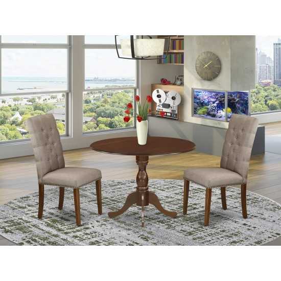 3Pc Dining Set, 1 Drop Leaves Table, 2 Dark Khaki Parson Chairs Back, Nail Heads, Mahogany Finish