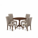 5Pc Dining Set, 1 Drop Leaves Wooden Table, 4 Dark Khaki Parsons Chair, Mahogany