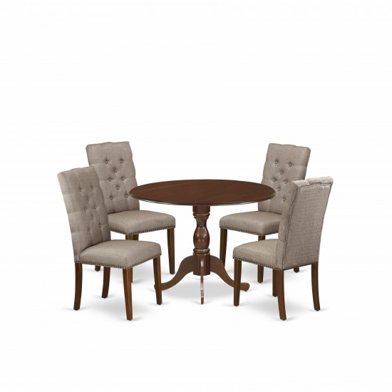 5Pc Dining Set, 1 Drop Leaves Wooden Table, 4 Dark Khaki Parsons Chair, Mahogany