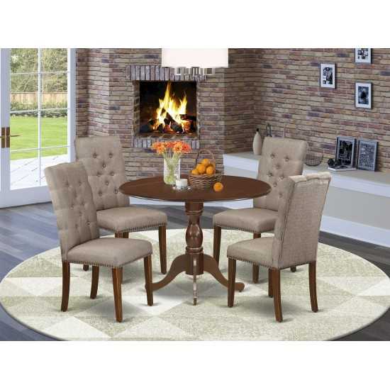 5Pc Dining Set, 1 Drop Leaves Wooden Table, 4 Dark Khaki Parsons Chair, Mahogany