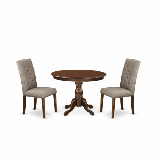 3Pc Dining Set, Mahogany Table, 2 Dark Khaki Chairs, Mahogany