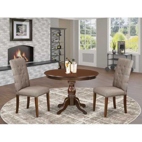 3Pc Dining Set, Mahogany Table, 2 Dark Khaki Chairs, Mahogany