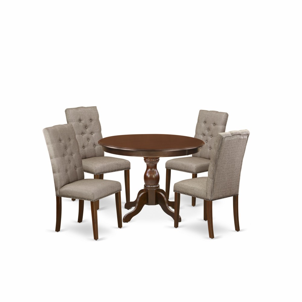 5 Pc Dining Set, Table, 4 Dark Khaki Chairs Button Tufted Back, Mahogany