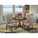 5 Pc Dining Set, Table, 4 Dark Khaki Chairs Button Tufted Back, Mahogany