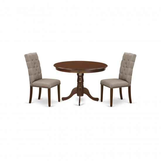 3Pc Kitchen Set, Round Kitchen Table, 2 Kitchen Parson Chairs, Dark Khaki Dining Chairs Seat, Rubber Wood Legs, Mahogany