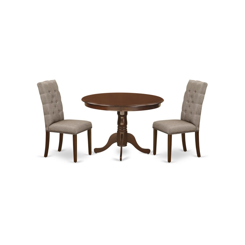 3Pc Kitchen Set, Round Kitchen Table, 2 Kitchen Parson Chairs, Dark Khaki Dining Chairs Seat, Rubber Wood Legs, Mahogany