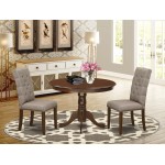 3Pc Kitchen Set, Round Kitchen Table, 2 Kitchen Parson Chairs, Dark Khaki Dining Chairs Seat, Rubber Wood Legs, Mahogany