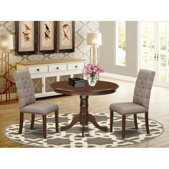 3Pc Kitchen Set, Round Kitchen Table, 2 Kitchen Parson Chairs, Dark Khaki Dining Chairs Seat, Rubber Wood Legs, Mahogany