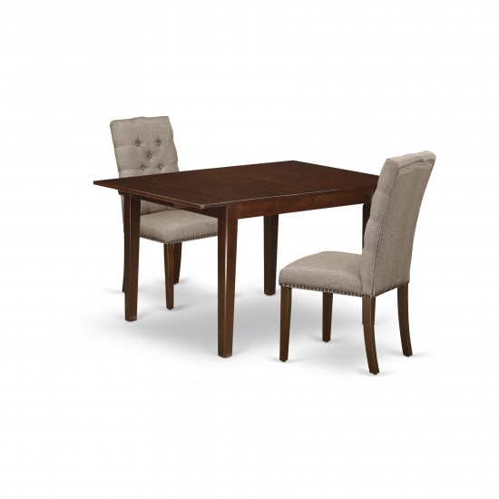 3-Pc Dining Set, Table, Butterfly Leaf, 2 Parson Chairs, Dark Khaki Parson Chairs Seat, Mahogany