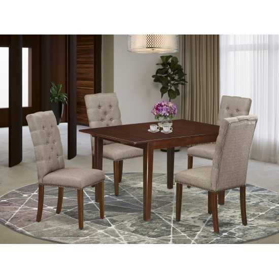 5Pc Dining Set- 4 Kitchen Parson Chairs, Butterfly Leaf Rectangle Table Solid Wood Frame -High Back & Mahogany Finish