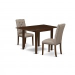 3Pc Dining Set, Drop Leaves Table, 2 Parson Chairs, Dark Khaki Chairs Seat, Rubber Wood Legs, Mahogany