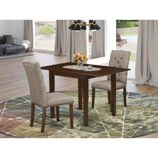 3Pc Dining Set, Drop Leaves Table, 2 Parson Chairs, Dark Khaki Chairs Seat, Rubber Wood Legs, Mahogany