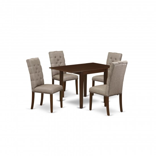 5Pc Kitchen Set- 4 Parson Chairs, Drops Leaf Dinner Table Hardwood Structure -High Back & Mahogany Finish