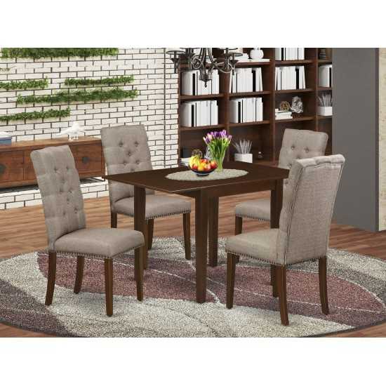 5Pc Kitchen Set- 4 Parson Chairs, Drops Leaf Dinner Table Hardwood Structure -High Back & Mahogany Finish