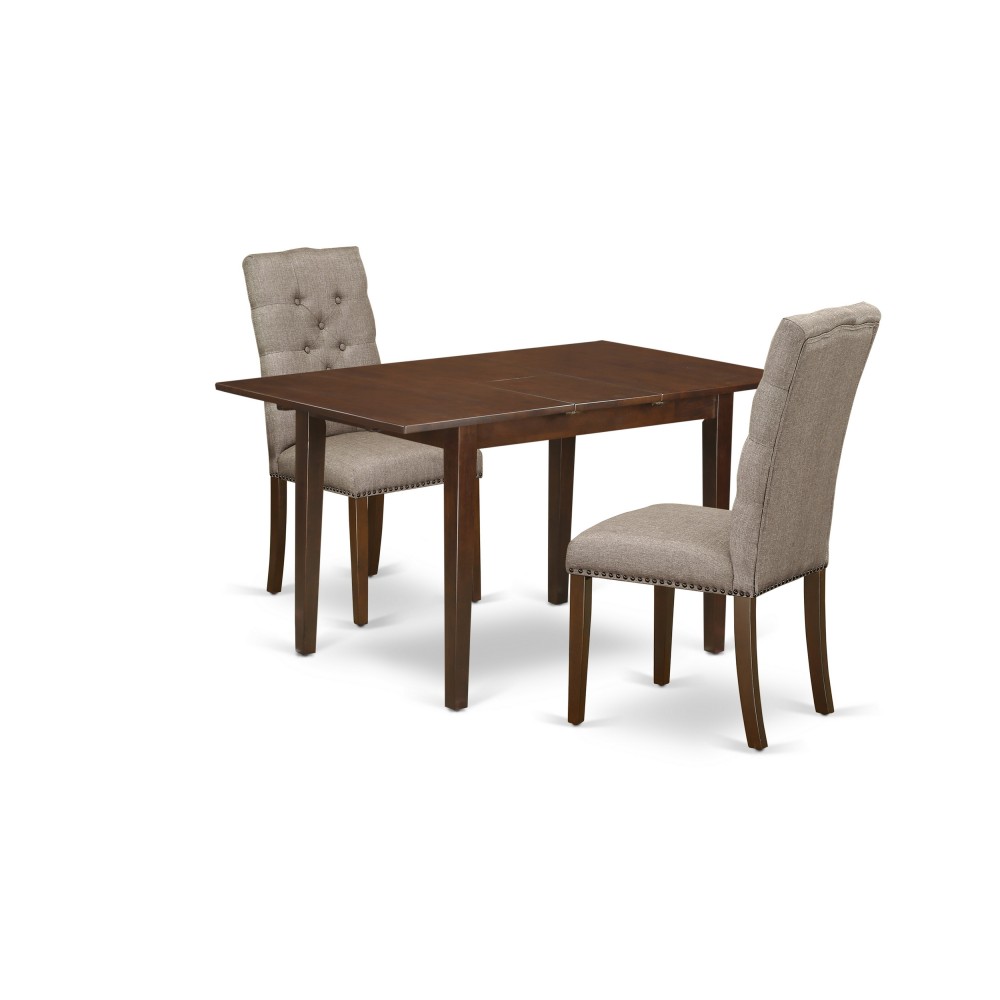 3-Pc Dining Set, Butterfly Leaf Table, 2 Fabric Chairs, Dark Khaki Parson Chairs Seat, Rubber Wood Legs, Mahogany