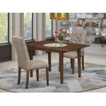 3-Pc Dining Set, Butterfly Leaf Table, 2 Fabric Chairs, Dark Khaki Parson Chairs Seat, Rubber Wood Legs, Mahogany