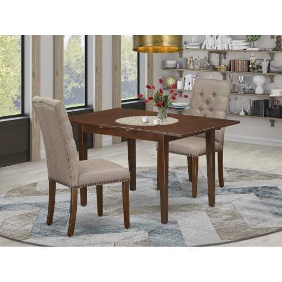 3-Pc Dining Set, Butterfly Leaf Table, 2 Fabric Chairs, Dark Khaki Parson Chairs Seat, Rubber Wood Legs, Mahogany