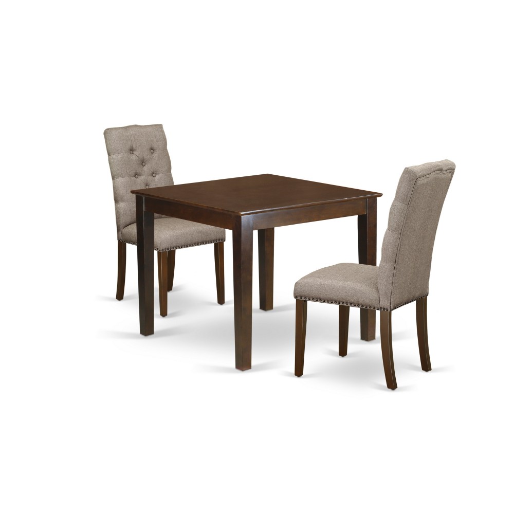 3Pc Dining Set, Wood Kitchen Table, 2 Chairs, Dark Khaki Chairs Seat, Rubber Wood Legs, Mahogany