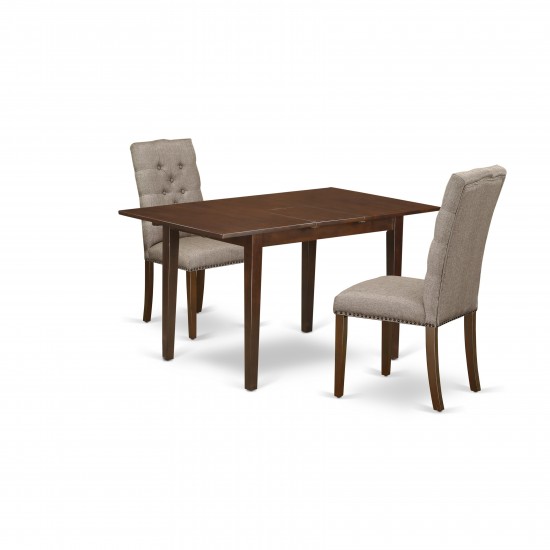 3Pc Dining Set, Butterfly Leaf Table, 2 Chairs, Dark Khaki Chairs Seat, Rubber Wood Legs, Mahogany