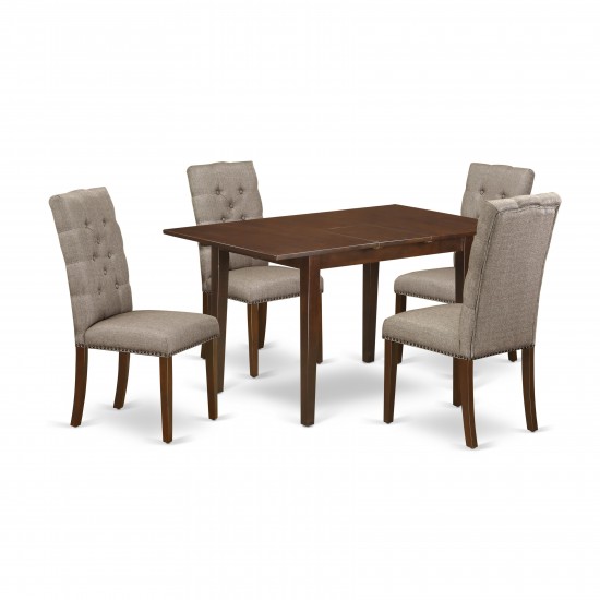 5Pc Dining Set- 4 Kitchen Parson Chair, 2-Drops Leaf Wood Table Hardwood Frame, High Back & Mahogany Finish