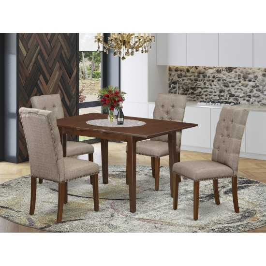 5Pc Dining Set- 4 Kitchen Parson Chair, 2-Drops Leaf Wood Table Hardwood Frame, High Back & Mahogany Finish