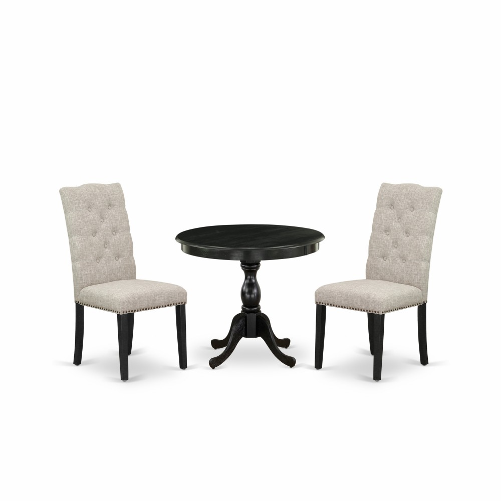 3 Pc Dining Set, 1 Table, 2 Doeskin Chairs Button Tufted Back, Wire Brushed Black Finish 3 Pc Dining Set, 1 Table, 2 Doeskin Chairs Button Tufted Back, Wire Brushed Black Finish